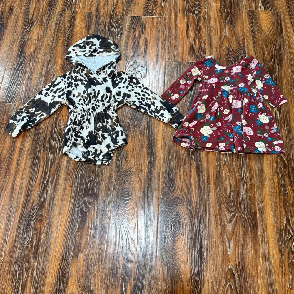 RuffleButts 18-24M Dress & Romper Set Kids Multi Floral Cow Print Long Sleeve